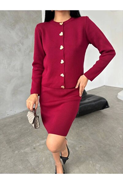 URİS Set de tricotaje duble pentru femei, burgundy, auriu, cu nasturi cu inimă