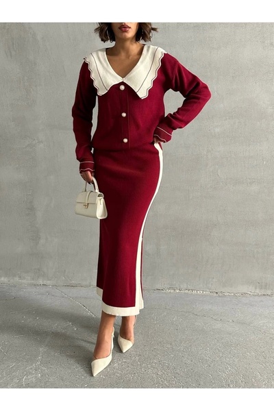 URİS Women's Stylish Collar Detailed Cardigan Skirt Bottom Top Knitwear Set -...