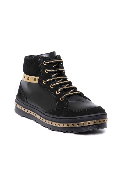 PJ Shoes Leather Sneakers for Girls Kidda Black & Gold