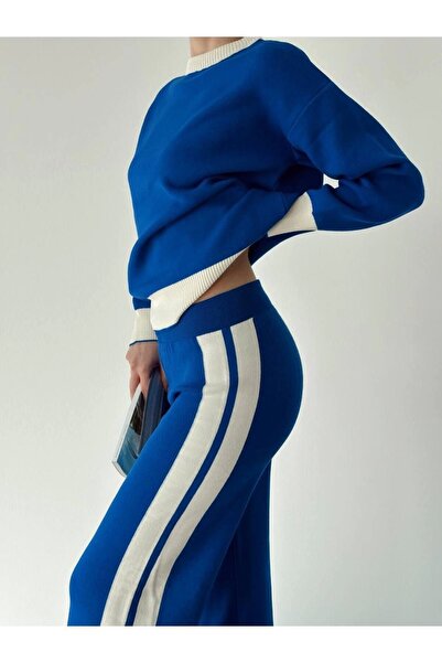 URİS طقم تريكو نسائي أنيق بتفاصيل مخططة وبنطلون سفلي - أزرق داكن