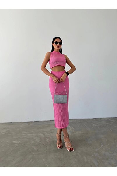 URİS Set de tricotaje de vară din două piese pentru femei, bluză roz cu fustă