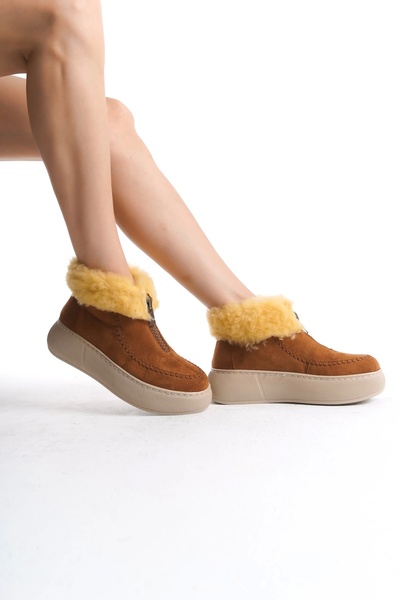 CAMOLLA Tan Suede Fur Lined Front Zippered Comfortable Women's Boots with Fur Inside and Thick Sole