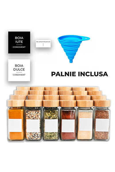 Elindor Set of 24 Elindor® Glass Spice Jars, 120 ml, Square, Bamboo Lids, Transparent