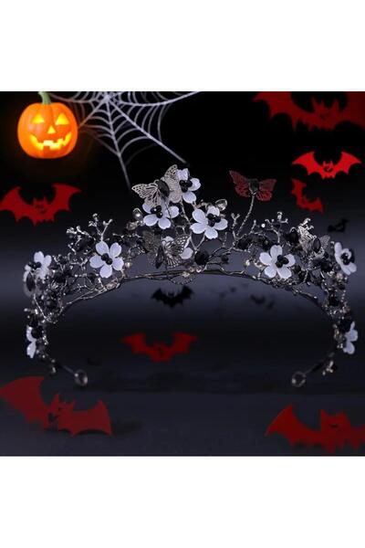 Yıldız Accessory Coroană neagră cu strasuri gotice în stil viking, accesoriu pentru cap cu fluture zburător, organizare pentru petrecerea de Halloween pentru morți