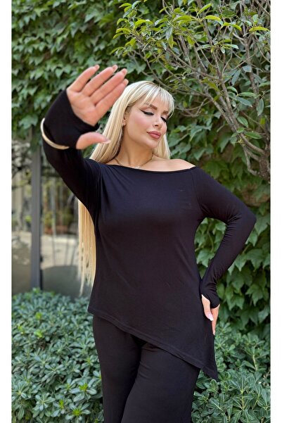 LİKRA Women's Plus Size Degaje Collar Asymmetric Slit Flexible Viscose Suit