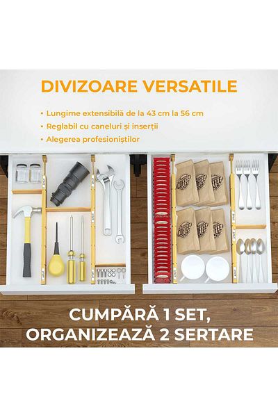 Elindor Set of 4 Extendable Drawer Dividers, Bamboo, Extendable and Adjustable Length from 43 cm to 56 cm