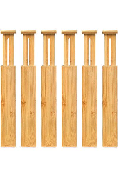 Elindor Set of 6 Extendable Drawer Dividers, Bamboo Kitchen Organizer, Extendable and Adjustable, Wood