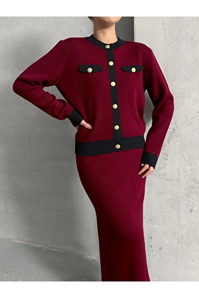 Lusin طقم كارديجان نسائي أنيق باللون العنابي مع تفاصيل جيب وحاشية سفلية ومزدوجة