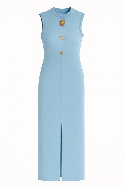 HAKKE Ottoman Fabric Long Pencil Dress with Accessory Detail and Front Slit