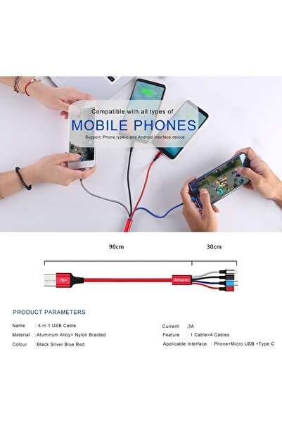 Generic كابل شحن متعدد، Amuvec [1.2 متر 3 أمبير] سلك شاحن USB سريع 4 في 1 مضفر من النايلون مع 2 منفذ Lightning/M