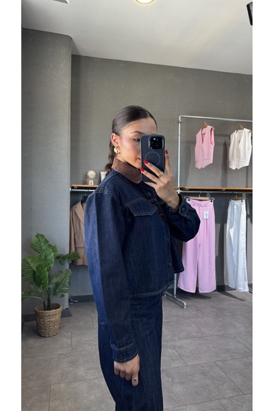 YOUR NAME Kadife Yaka Cep görünümlü Denim Ceket