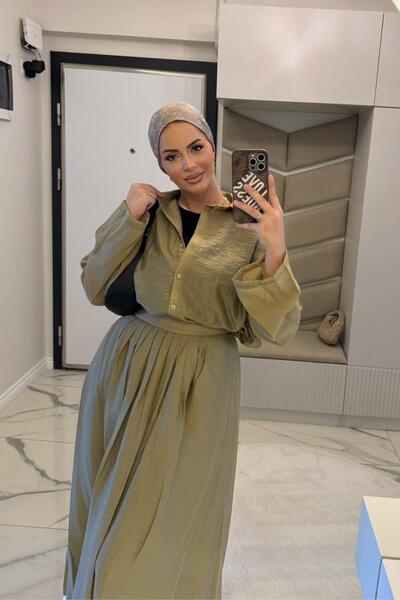 megapol giyim Women's Oil Green Skirt Pleated Shirt Suit