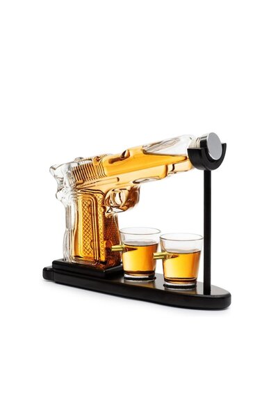 Doty Set decantor PowerBullets Decantor, formă de pistol, sticlă, 2 pahare, suport din lemn, elegant, 230 ml,