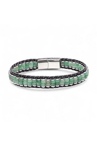 Mestore سوار جلدي مضفر من الفولاذ والأفنتورين الأخضر والهيماتيت 31682B22D5