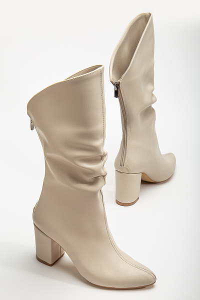 bakacstore Women's Beige Pointed Toe Drawstring Boots with Back Zipper