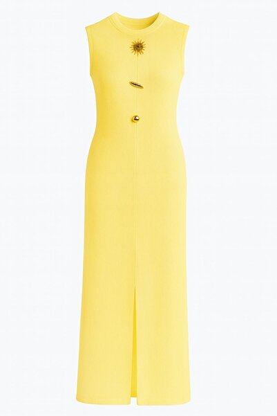 HAKKE Ottoman Fabric Long Pencil Dress with Accessory Detail and Front Slit