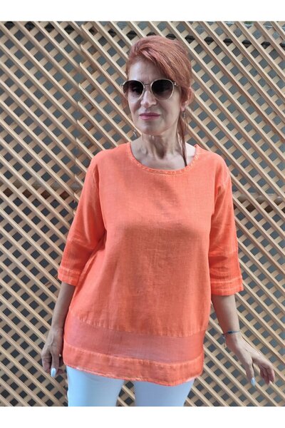 DenizEge Mesh Detailed Cotton Blouse Orange