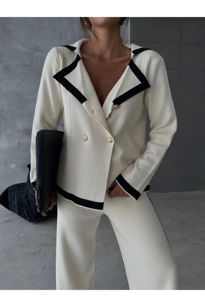 URİS طقم كارديجان نسائي مزين بأزرار ذهبية وبنطلون بالازو من الأسفل