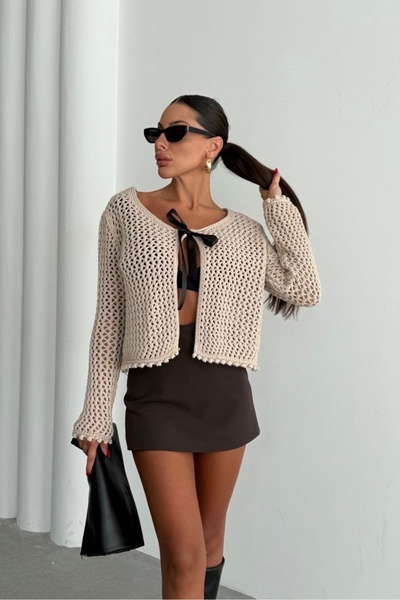 Noi Belis Ribbon Detailed Openwork Knitwear Cardigan Aw25Hi0007
