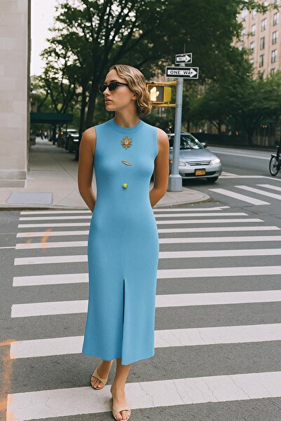 HAKKE Ottoman Fabric Long Pencil Dress with Accessory Detail and Front Slit