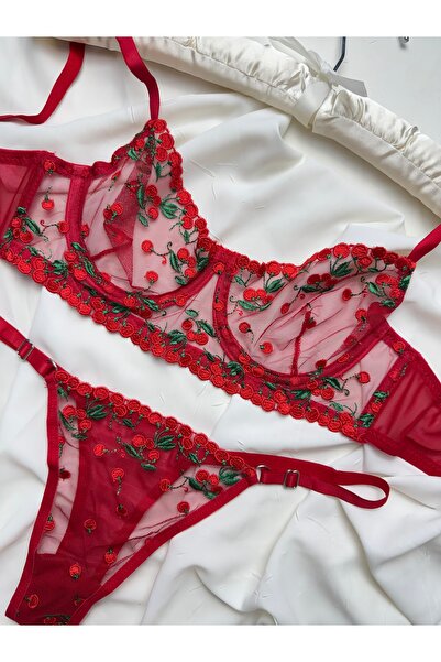 ROZENİN LINGERIE Çiçek Desenli Transparan Bralet Sütyen Takımı