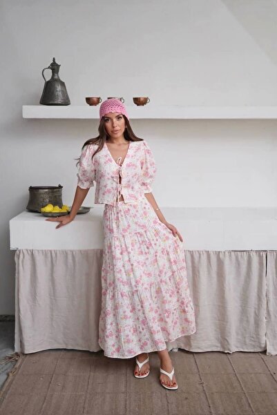 URİS Bluză kimono cu model de calitate premium pentru femei, cu fustă căptușită, set de două piese