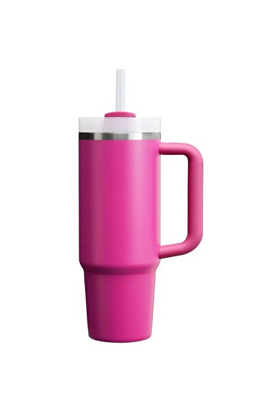 Elindor Thermos Mug, Stainless Steel, Double Wall Insulation, with Lid and Reusable Straw, Pink