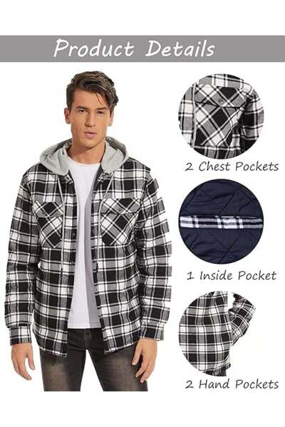 OEM Padded shirt, jacket type, plaid, with zipper and snap pockets, Black-white XL