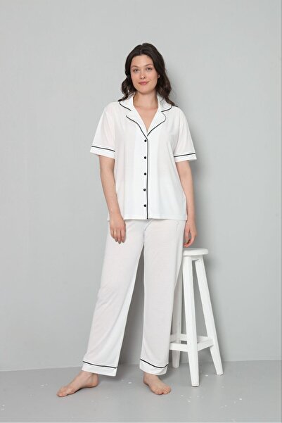 AYLAMLİNGERİE Women's 3-Piece Pajama Set with Short Sleeves, Cotton Buttons and Piping