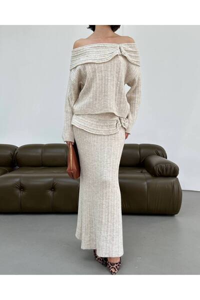Lamierra Madonna Collar Iron Detailed Women's Knitwear Bottom-Top Set