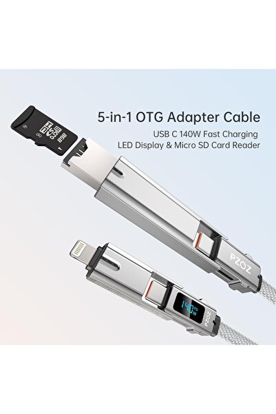 Pzoz 5-in-1 OTG Cable with Type C Fast Charging LED Display and Micro SD Card Reader, Multi USB C Ch