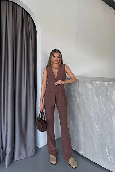 URİS Set de vară din două piese, maro, elegant, cu nasturi, din țesătură din scoarță de copac, pantaloni, de jos, de sus