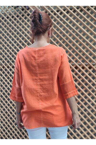 DenizEge Mesh Detailed Cotton Blouse Orange