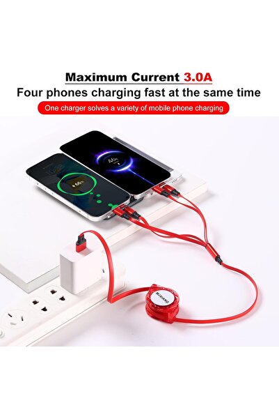 Generic كابل شحن متعدد MJXIANG، [1 متر 3 أمبير] سلك شاحن قابل للسحب 4 في 1 مع 2 iPhone/Type C/Micro USB