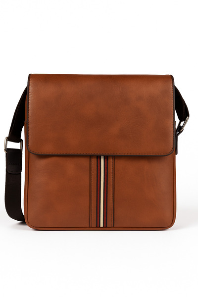 TSUMAB Brown Leather Crossbody Messenger Bag with Stripe Detail