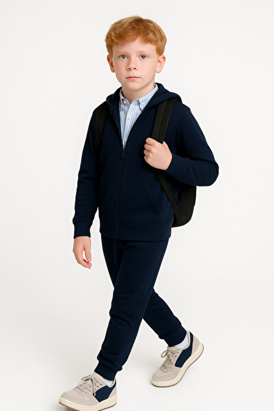 GİYİCEM TEKSTİL Unisex dětská základní mikina na zip se třemi vlákny, zimní, silná, školní mikina s kapucí G2025-3