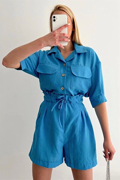 URİS Women's Linen Shorts Lace-up Paperbag Waist Blue