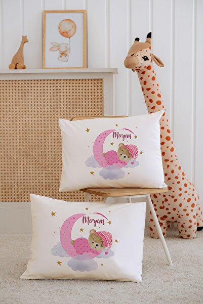 Lilabio %100 Pamuk İsme Özel 2li Ekru Bebek Yastık Kılıfı 35x45 cm-Ayıcık