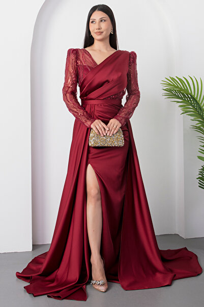 PULLIMM Double Breasted Collar Beading Detail Satin Dress Dmn5187