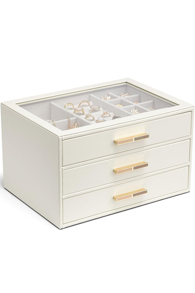 Elindor ® Jewelry Box 3 Drawers and Transparent Glass, Elegant Organizer for Rings, White