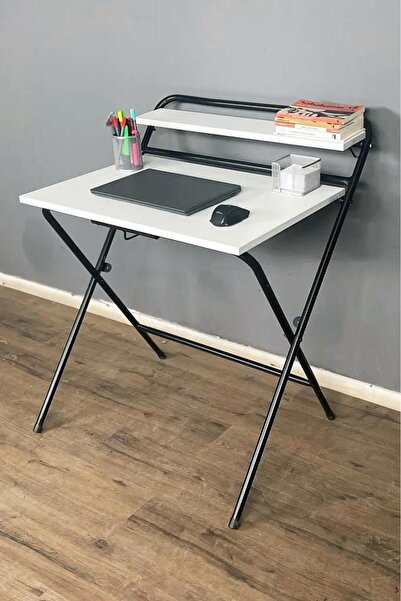 Niron 🔥 Lich Metal Ayaklı Katlanır Çalışma Masası Beyaz | Raflı Laptop Sehpa...
