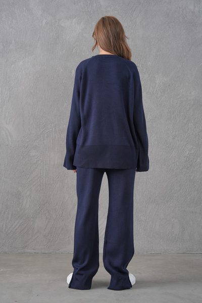 bayansepeti Navy Blue Flexible Knitwear Fabric Sweater and Pants Oversize Two-Piece Set with Slit Detail 1027