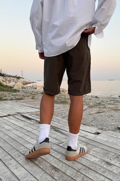 Flaw Wear Lace-Up Khaki Linen Bermuda Shorts