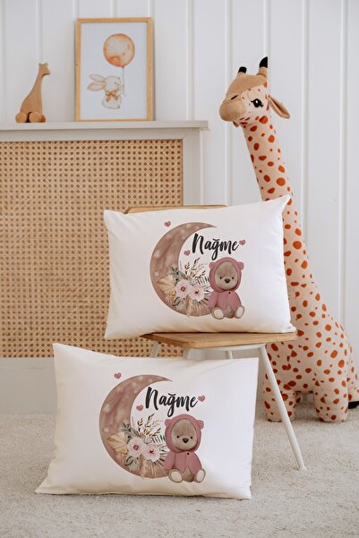 Lilabio %100 Pamuk İsme Özel 2li Ekru Bebek Yastık Kılıfı 35x45 cm-Ayıcık