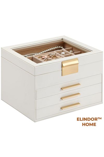 Elindor ® Jewelry Box with Three Spacious Drawers and Transparent Lid, Clasp Closure, White