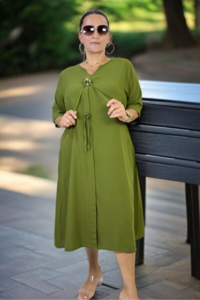 yagmurberen Halka Detail with Yandan Pocket, Short Sleeve, Single-Button, Short Sleeve, Cotton Viscose Plus Size Dress