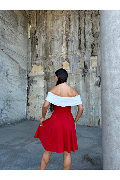 Modafeminen Esnek Krep Kumaş V Yaka Pile Detaylı Mini Abiye Elbise 583287 KIRMIZI