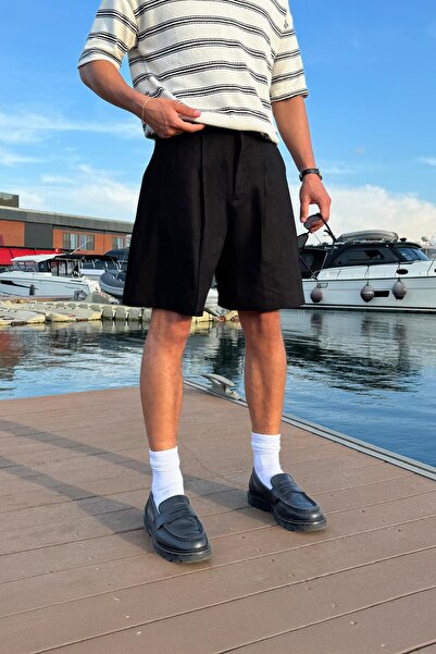 Flaw Wear Pileli Siyah Keten Şort Siyah