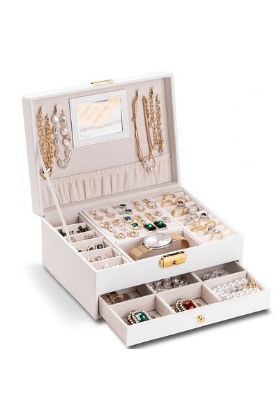 Elindor Jewelry Box with Key, 2 Tiers & Drawer, Velvet, White Faux Leather, 23 x 17 x 10.5 cm