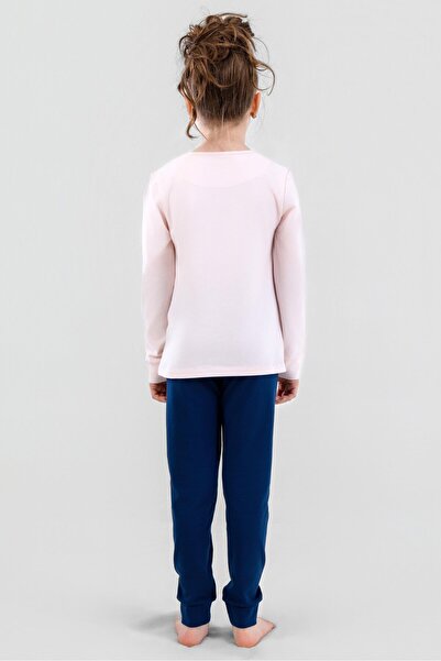 BAYKAR Girl's Cotton Crew Neck Happy Printed Long Sleeve Pajama Set 9249 Navy Blue